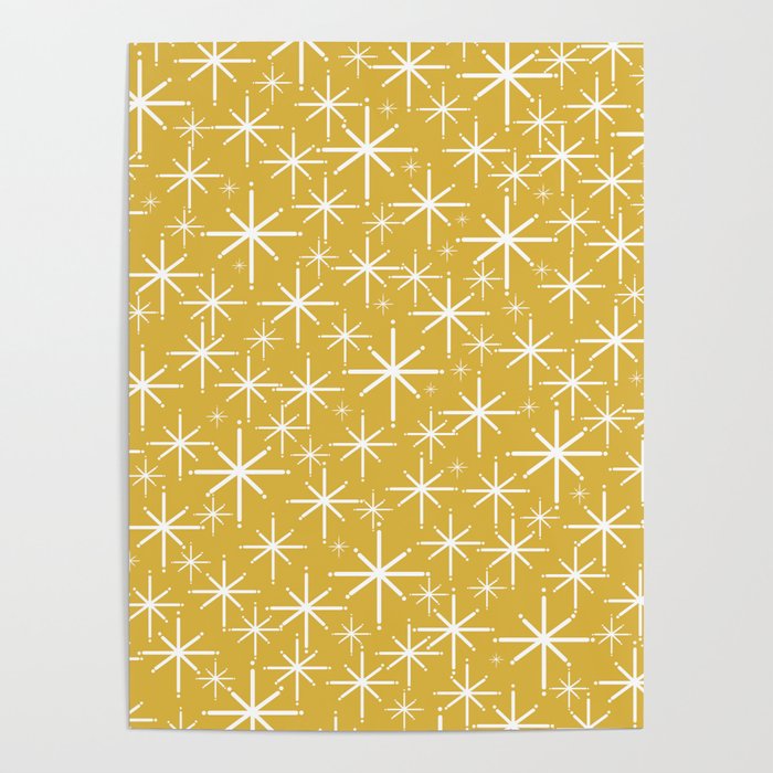 Twinkling Starbursts Mid Century Modern Pattern in Light Mustard Yellow and White Poster Gallery Image 1