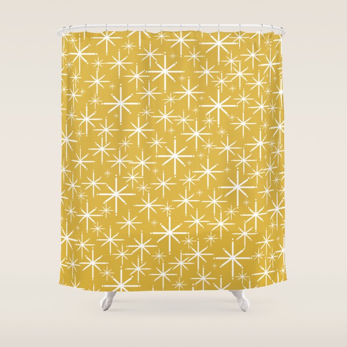 Twinkling Starbursts Mid Century Modern Pattern in Light Mustard Yellow and White Shower Curtain Gallery Image 1
