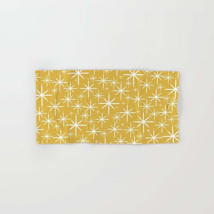 Twinkling Starbursts Mid Century Modern Pattern in Light Mustard Yellow and White Bath Towel Gallery Image 1