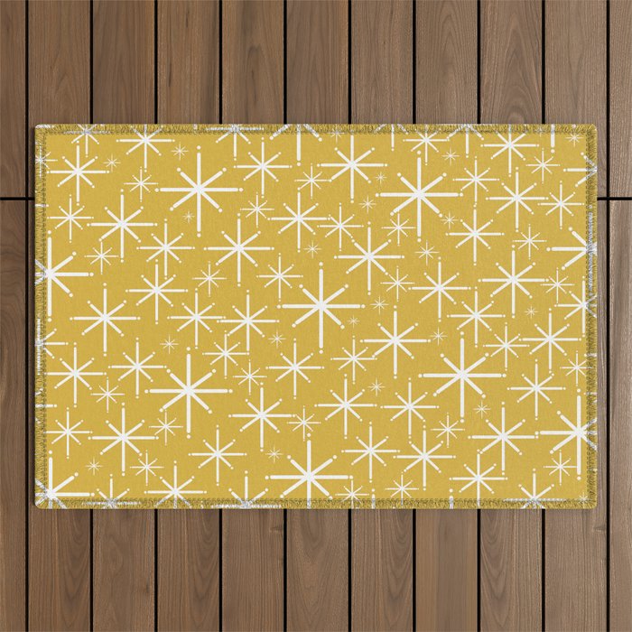 Twinkling Starbursts Mid Century Modern Pattern in Light Mustard Yellow and White Outdoor Rug Gallery Image 1