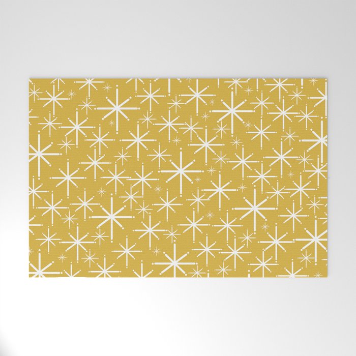 Twinkling Starbursts Mid Century Modern Pattern in Light Mustard Yellow and White Welcome Mat Gallery Image 1