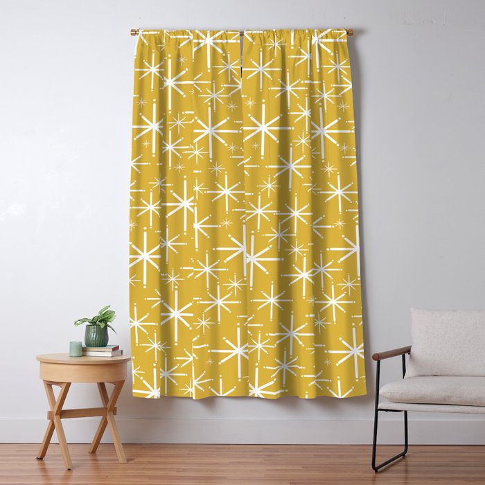 Twinkling Starbursts Mid Century Modern Pattern in Light Mustard Yellow and White Window Curtain Gallery Image 1