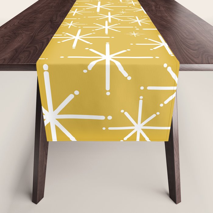 Twinkling Starbursts Mid Century Modern Pattern in Light Mustard Yellow and White Table Runner Gallery Image 1