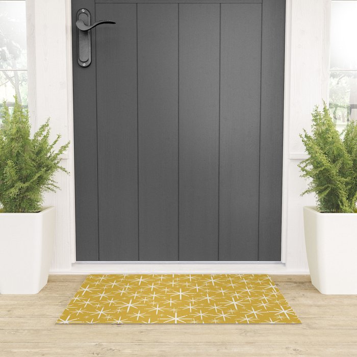 Twinkling Starbursts Mid Century Modern Pattern in Light Mustard Yellow and White Welcome Mat Gallery Image 3