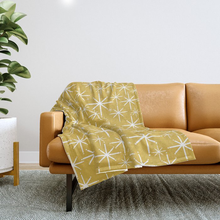 Twinkling Starbursts Mid Century Modern Pattern in Light Mustard Yellow and White Throw Blanket Gallery Image 1
