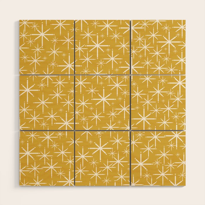 Twinkling Starbursts Mid Century Modern Pattern in Light Mustard Yellow and White Wood Wall Art Gallery Image 1