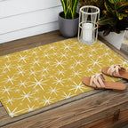 Twinkling Starbursts Mid Century Modern Pattern in Light Mustard Yellow and White Outdoor Rug Gallery Image 2