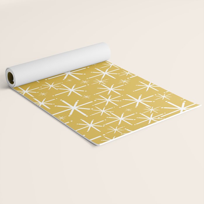 Twinkling Starbursts Mid Century Modern Pattern in Light Mustard Yellow and White Yoga Mat Gallery Image 2