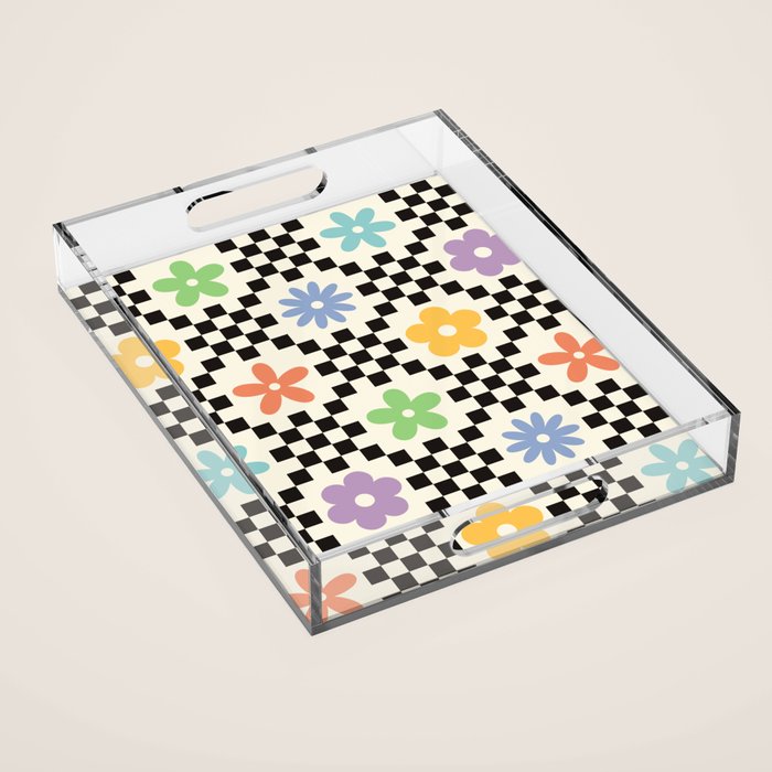 Retro Colorful Flower Double Checker Acrylic Tray Gallery Image 1