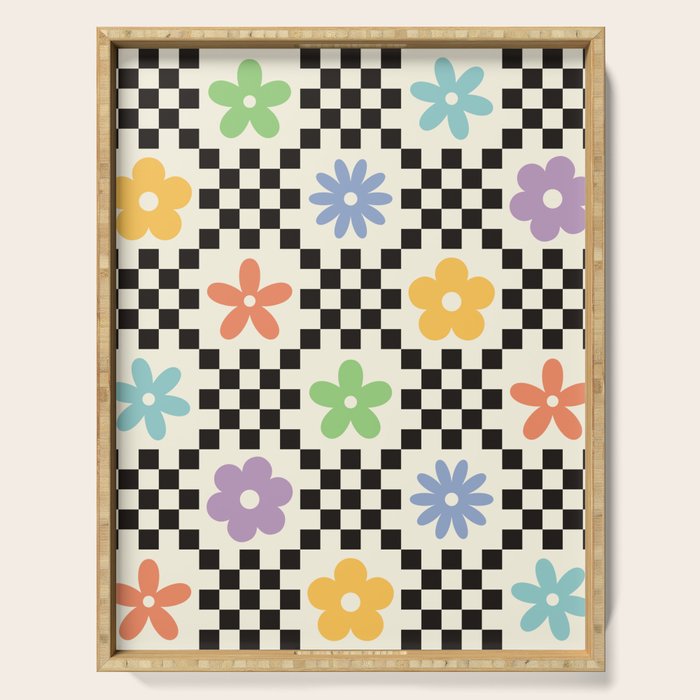 Retro Colorful Flower Double Checker Serving Tray Gallery Image 1