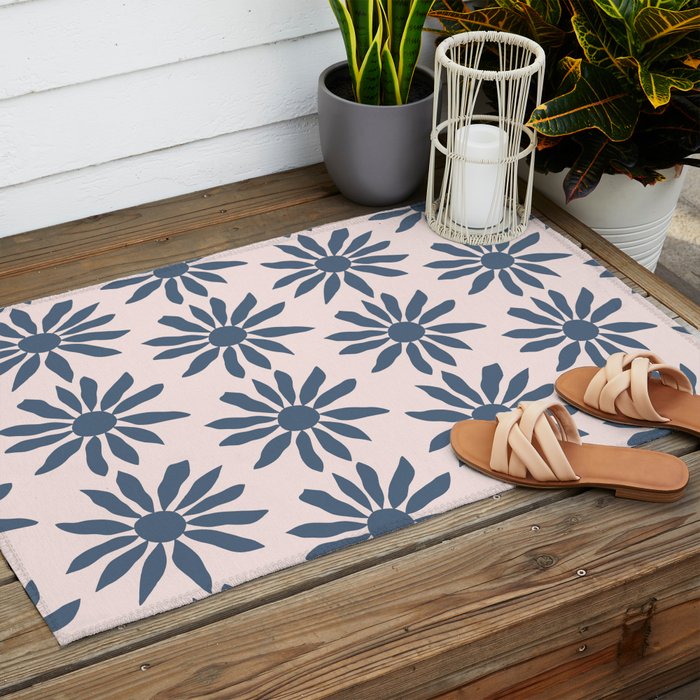 Blue Flowers on Pink Background - Pattern Outdoor Rug Gallery Image 2
