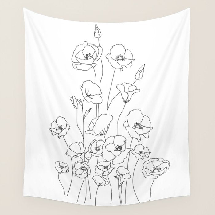 Poppy Flowers Line Art Wall Tapestry Gallery Image 4