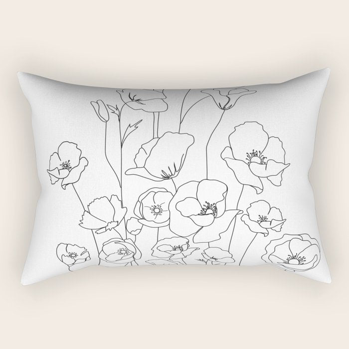 Poppy Flowers Line Art Rectangular Pillow Gallery Image 2