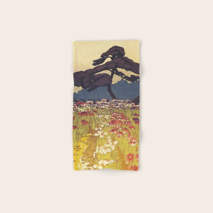 The Flower Empire of Waan - Tree and Flowers on Field - Nature Ukiyo Landscape in Blue, Red, Green & Orange Bath Towel Gallery Image 1