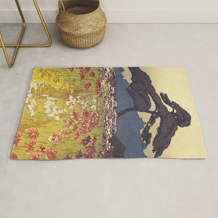 The Flower Empire of Waan - Tree and Flowers on Field - Nature Ukiyo Landscape in Blue, Red, Green & Orange Rug Gallery Image 1