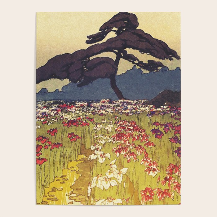 The Flower Empire of Waan - Tree and Flowers on Field - Nature Ukiyo Landscape in Blue, Red, Green & Orange Poster Gallery Image 4
