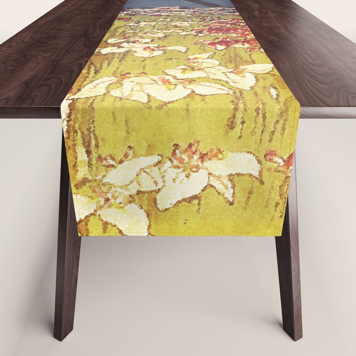 The Flower Empire of Waan - Tree and Flowers on Field - Nature Ukiyo Landscape in Blue, Red, Green & Orange Table Runner Gallery Image 1