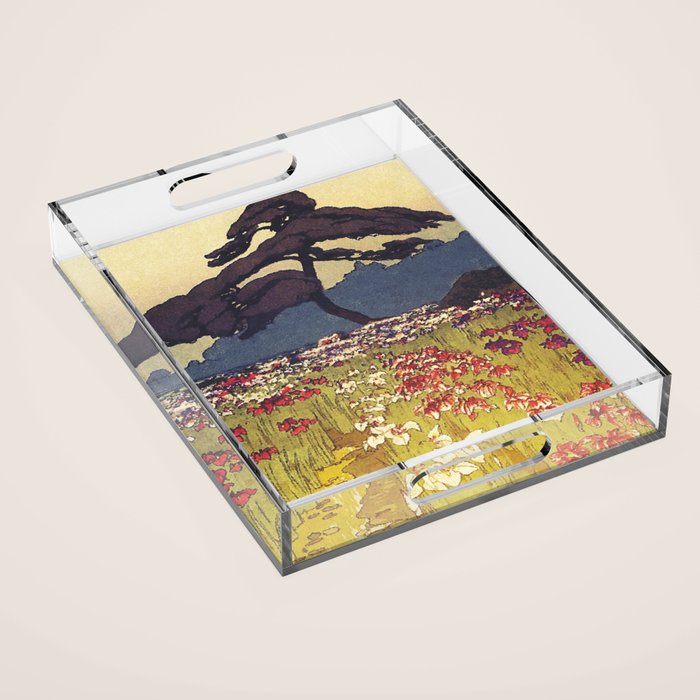 The Flower Empire of Waan - Tree and Flowers on Field - Nature Ukiyo Landscape in Blue, Red, Green & Orange Acrylic Tray Gallery Image 1