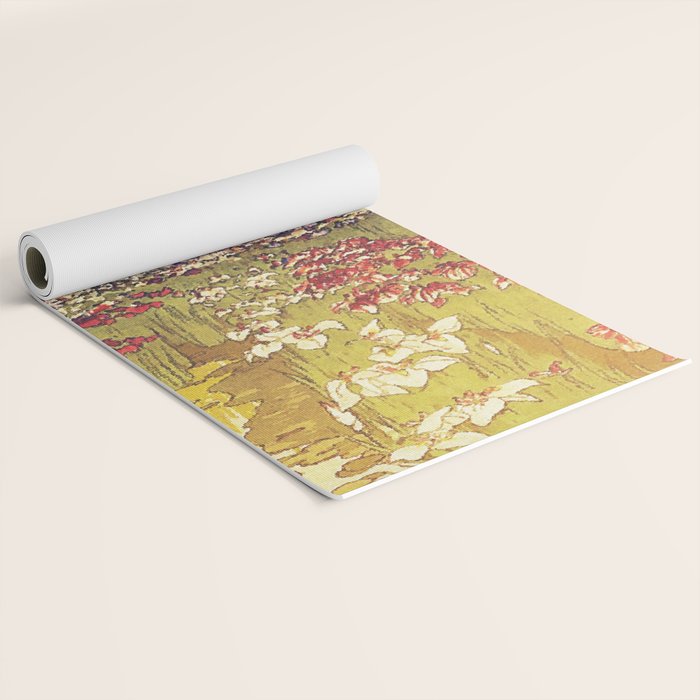 The Flower Empire of Waan - Tree and Flowers on Field - Nature Ukiyo Landscape in Blue, Red, Green & Orange Yoga Mat Gallery Image 2