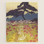 The Flower Empire of Waan - Tree and Flowers on Field - Nature Ukiyo Landscape in Blue, Red, Green & Orange Jigsaw Puzzle Gallery Image 1