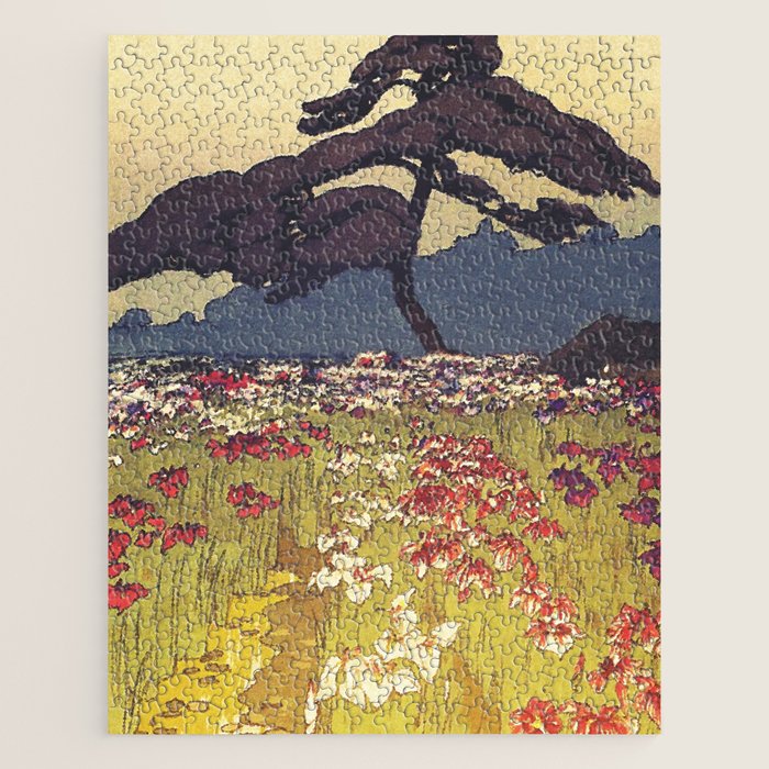 The Flower Empire of Waan - Tree and Flowers on Field - Nature Ukiyo Landscape in Blue, Red, Green & Orange Jigsaw Puzzle Gallery Image 1