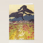 The Flower Empire of Waan - Tree and Flowers on Field - Nature Ukiyo Landscape in Blue, Red, Green & Orange Stationery Card Gallery Image 2