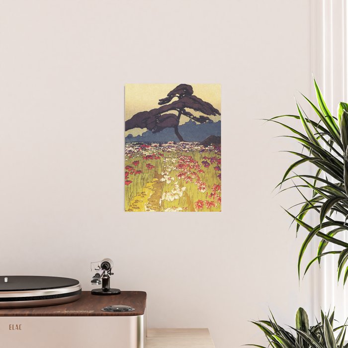 The Flower Empire of Waan - Tree and Flowers on Field - Nature Ukiyo Landscape in Blue, Red, Green & Orange Poster Gallery Image 2