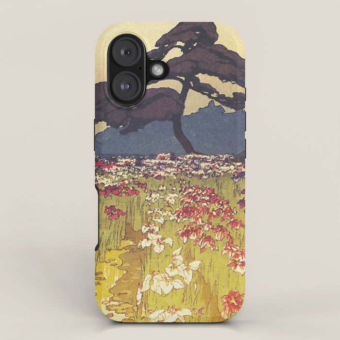 The Flower Empire of Waan - Tree and Flowers on Field - Nature Ukiyo Landscape in Blue, Red, Green & Orange iPhone Case Gallery Image 1