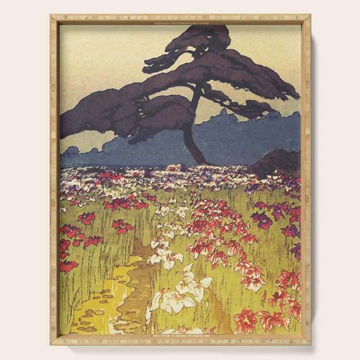 The Flower Empire of Waan - Tree and Flowers on Field - Nature Ukiyo Landscape in Blue, Red, Green & Orange Serving Tray Gallery Image 1