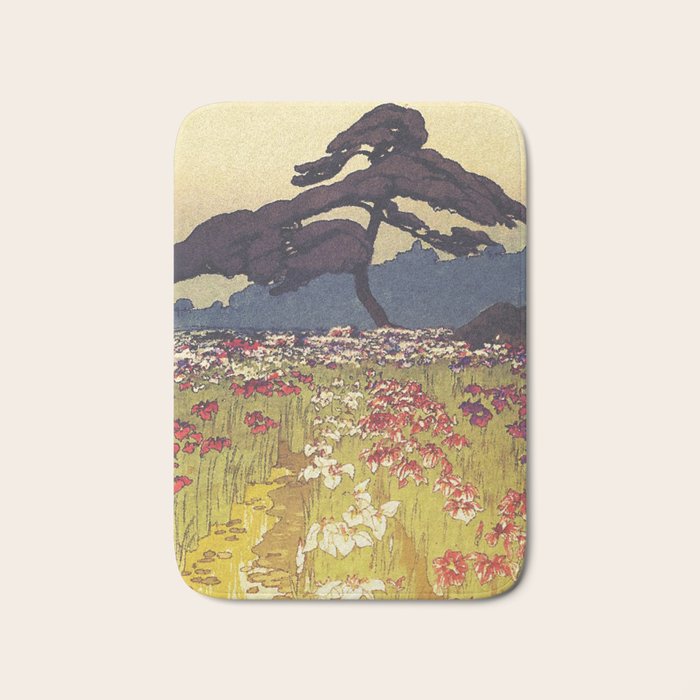 The Flower Empire of Waan - Tree and Flowers on Field - Nature Ukiyo Landscape in Blue, Red, Green & Orange Bath Mat Gallery Image 1