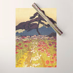 The Flower Empire of Waan - Tree and Flowers on Field - Nature Ukiyo Landscape in Blue, Red, Green & Orange Wrapping Paper Gallery Image 1