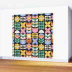Retro Folk & Floral Colorful Pastel Flower Grid Black Wall Mural Gallery Image 2