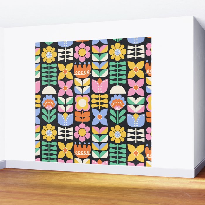 Retro Folk & Floral Colorful Pastel Flower Grid Black Wall Mural Gallery Image 2