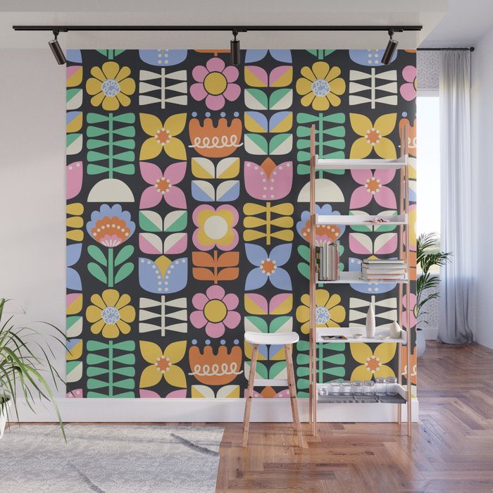 Retro Folk & Floral Colorful Pastel Flower Grid Black Wall Mural Gallery Image 1
