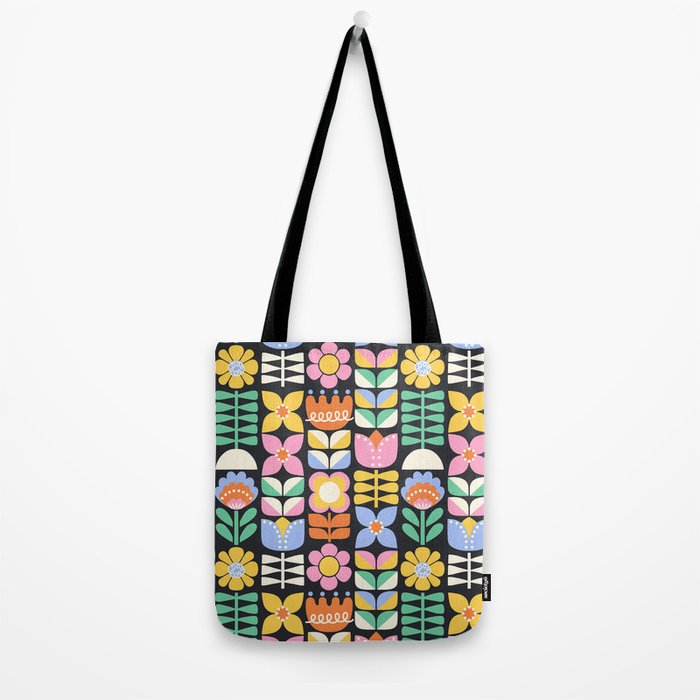 Retro Folk & Floral Colorful Pastel Flower Grid Black Tote Bag Gallery Image 2