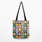 Retro Folk & Floral Colorful Pastel Flower Grid Black Tote Bag Gallery Image 2