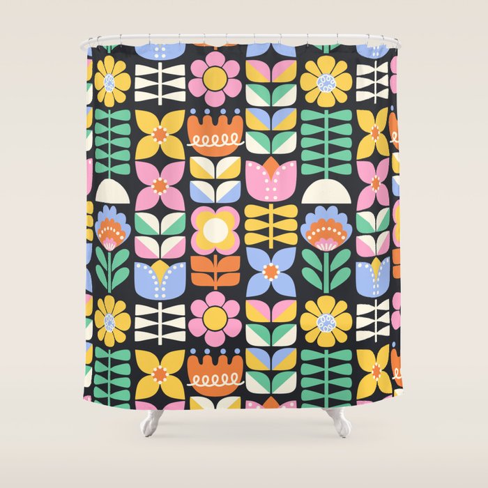 Retro Folk & Floral Colorful Pastel Flower Grid Black Shower Curtain Gallery Image 1
