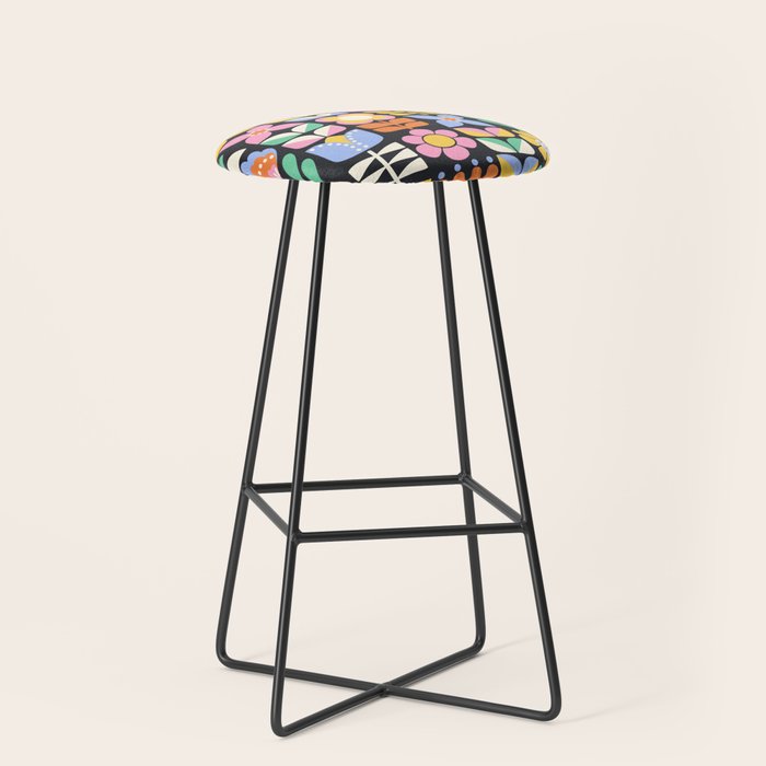 Retro Folk & Floral Colorful Pastel Flower Grid Black Stool Gallery Image 1