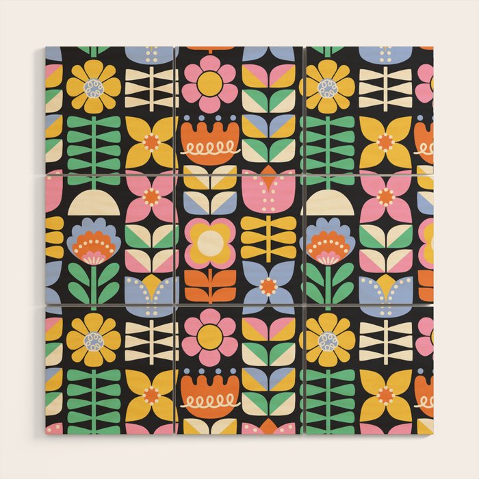 Retro Folk & Floral Colorful Pastel Flower Grid Black Wood Wall Art