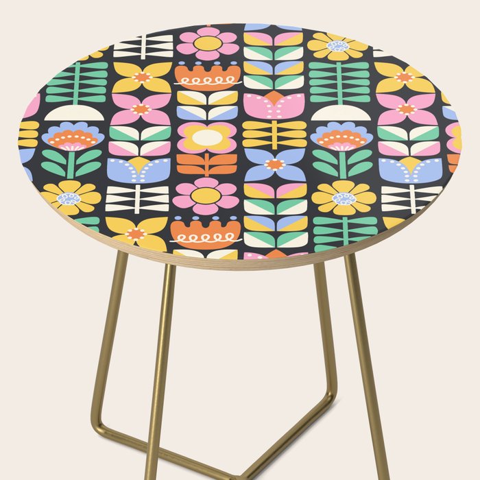 Retro Folk & Floral Colorful Pastel Flower Grid Black Side Table Gallery Image 2