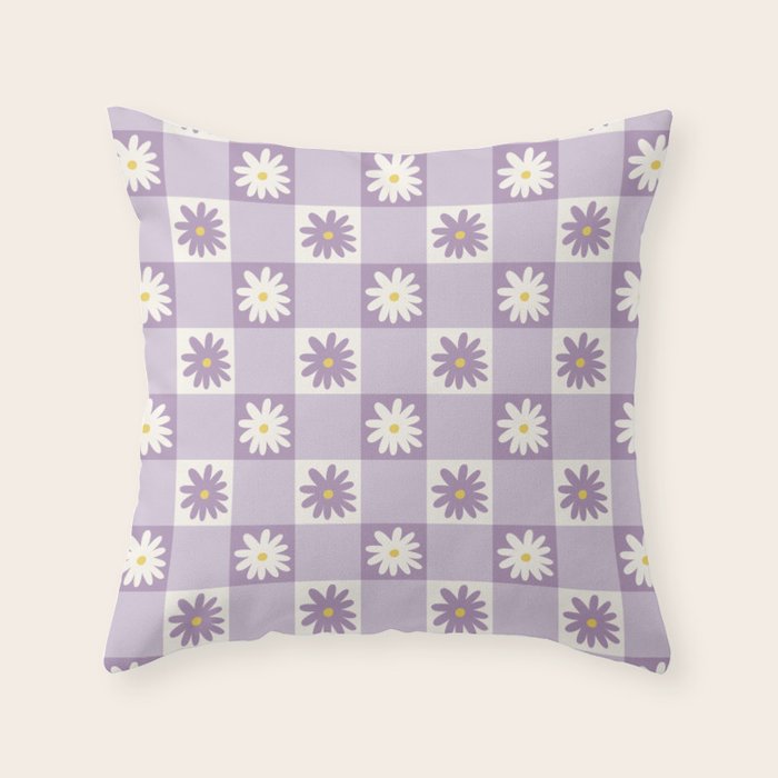 Flower Lavender Gingham Checker in Purple Throw Pillow Gallery Image 1
