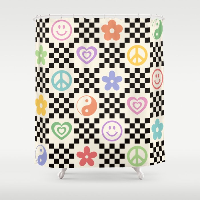 Retro Colorful Nostalgia Double Checker Shower Curtain Gallery Image 1
