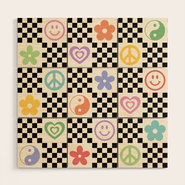 Retro Colorful Nostalgia Double Checker Wood Wall Art Gallery Image 1