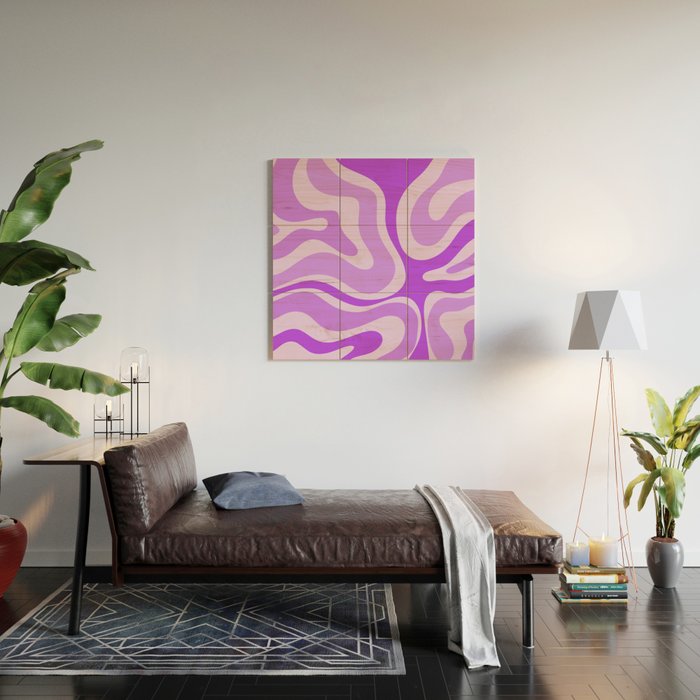 Modern Retro Liquid Swirl Abstract Pattern in Purple Wood Wall Art Gallery Image 2