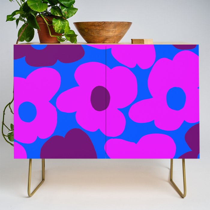 Large Pink and Purple Retro Flowers Blue Background #decor #society6 #buyart Credenza Gallery Image 1