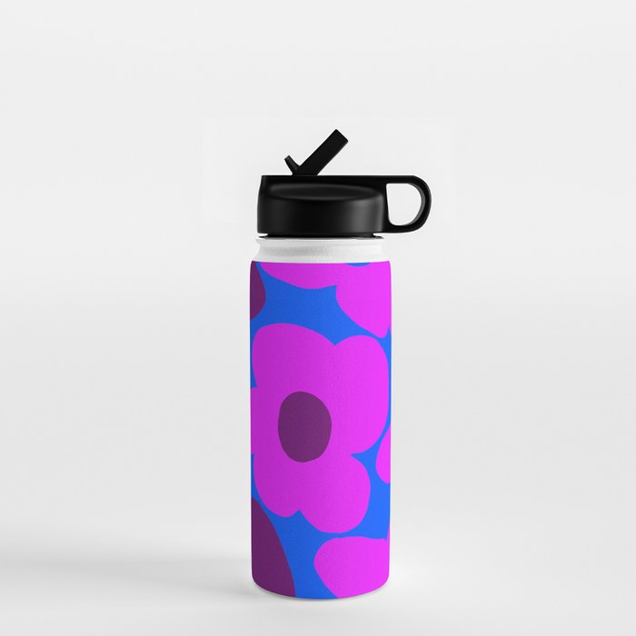 Large Pink and Purple Retro Flowers Blue Background #decor #society6 #buyart Water Bottle Gallery Image 1