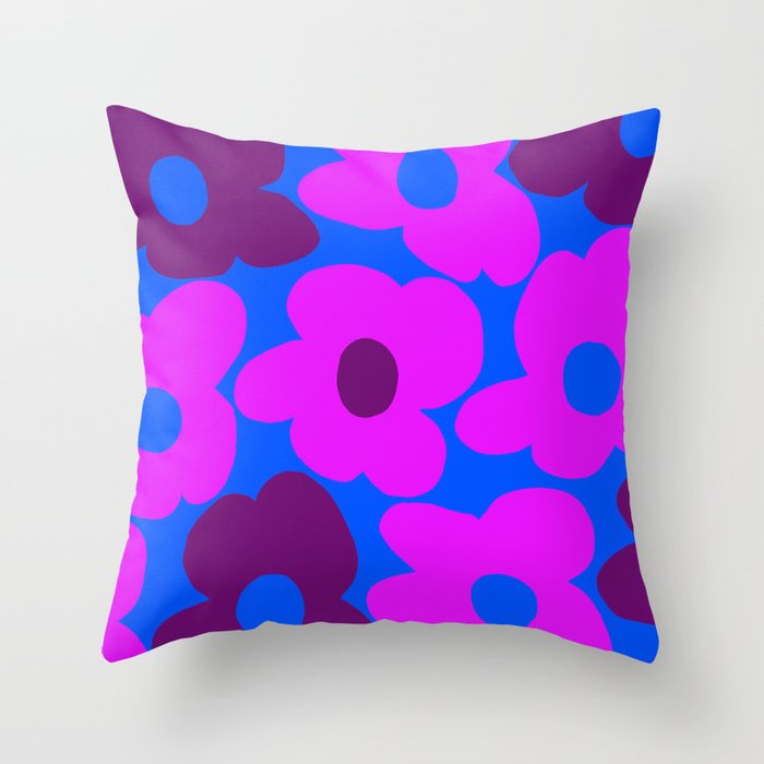Large Pink and Purple Retro Flowers Blue Background #decor #society6 #buyart Throw Pillow Gallery Image 6