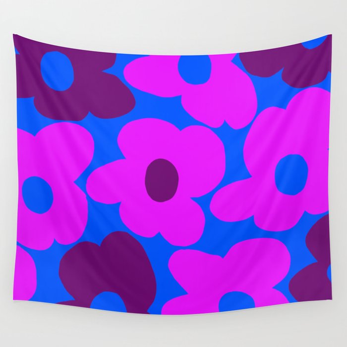 Large Pink and Purple Retro Flowers Blue Background #decor #society6 #buyart Wall Tapestry Gallery Image 1