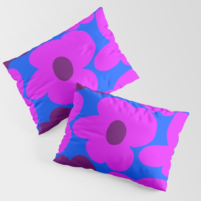 Large Pink and Purple Retro Flowers Blue Background #decor #society6 #buyart Pillow Sham Gallery Image 3