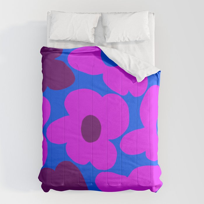 Large Pink and Purple Retro Flowers Blue Background #decor #society6 #buyart Comforter Gallery Image 1